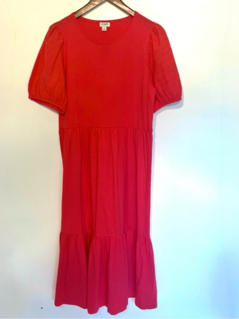 J. Crew “Fit and Flare” Bright Coral-Red Midi Dress with Puff Sleeves | Medium - Picture 5 of 7